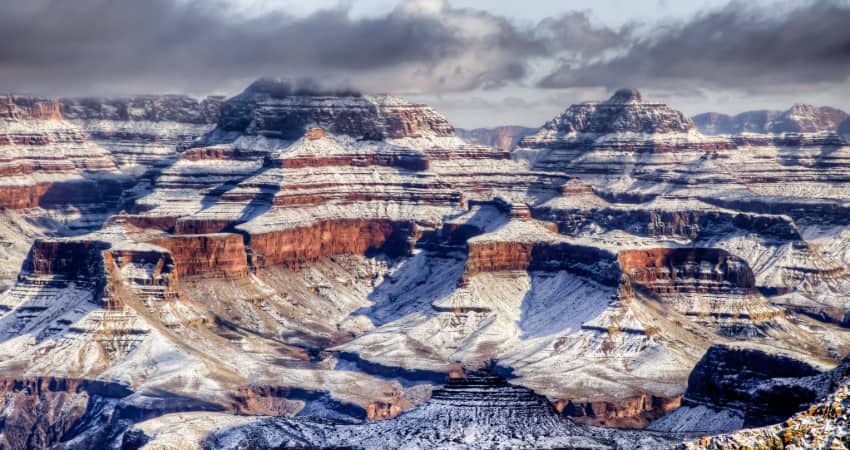 The Grand Canyon in winter, snow dusting the ridges of the South Rim