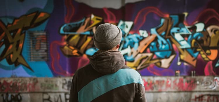 a person stands in front of a graffiti display
